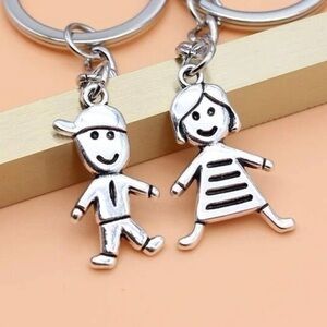 2 pcs Boy Girl Charm Keychain Silver Plated Set Couple Son Daughter Kid Children